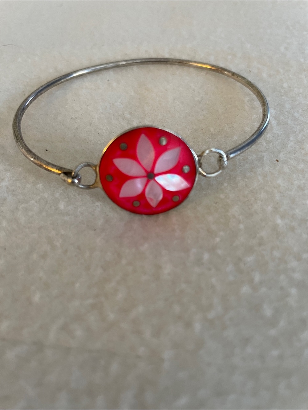 Red Floral Inlay Silver-Tone Bangle Bracelet